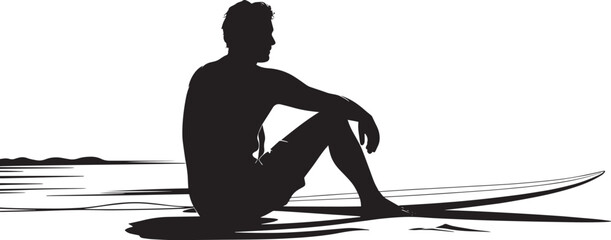 Silhouette of Man Sitting on Surfboard Contemplation  Ocean Beach Scene