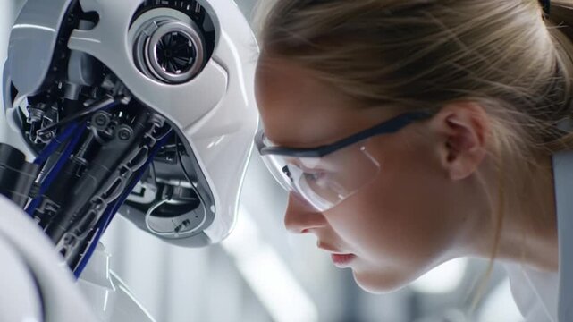 Collaborative Robot Interaction, human technician working side-by-side with AI robot assistant, seamless technology teamwork.
