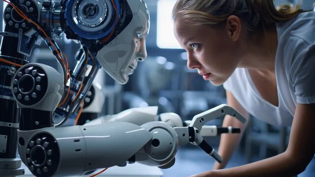 Collaborative Robot Interaction, human technician working side-by-side with AI robot assistant, seamless technology teamwork.
