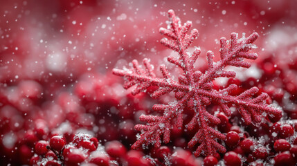 Decorative red snowflake with festive berries and snow for the holidays
