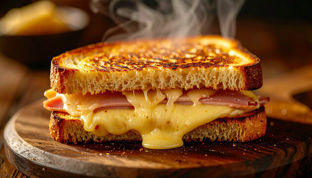 Hot croque monsieur with golden melted cheese and ham on wooden board, crispy toasted bread