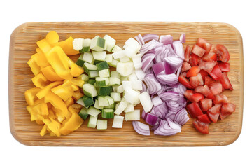 Neatly cut mixed vegetables on wooden board flat lay, isolated on white