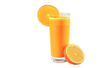 Fresh orange juice served in a clear glass with slice, isolated on white
