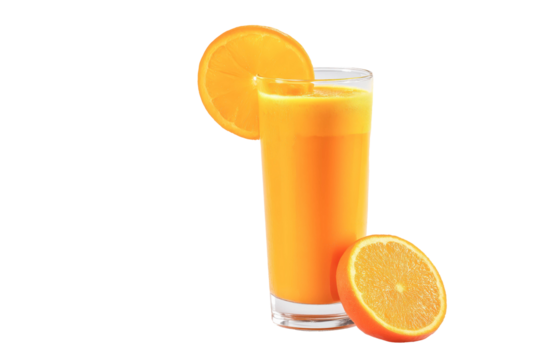 Fresh orange juice served in a clear glass with slice, isolated on white