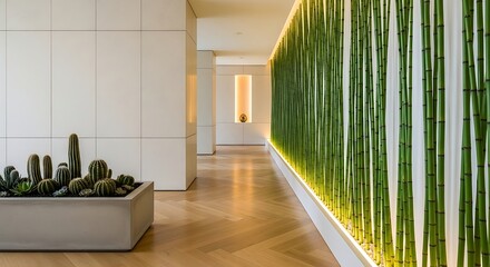 Luminous Green Reed Wall and Cacti in a Serene, Modern Hallway.