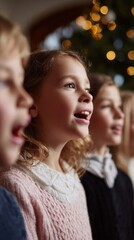 Naklejka premium Cheeks glowing, these joyful, Caucasian children sing amid twinkling lights, evoking festive Yule magic and cozy Winter Solstice