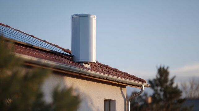 Rooftop solar collector gleams under dawn's embrace, whispering tales of eco-revolution and Solstice sun-gazing traditions