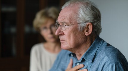 Elderly Caucasian man grasps chest with concern, highlighting World Heart Day awareness and the gentle narrative of compassionate eldercare