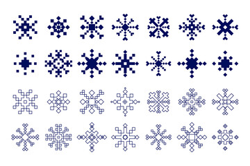 Geometric Snowflake Icons in Solid and Line Art. perfect for winter decorations, digital patterns, holiday cards, embroidery designs, pixel art projects, and web or game interfaces