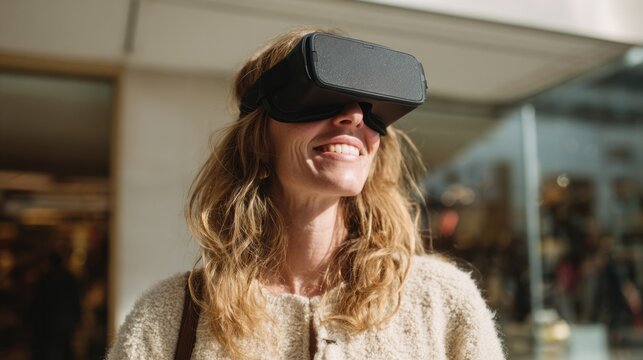 Outdoor-laughing Caucasian woman in futuristic VR headset, celebrating World Virtual Reality Day, merging reality with surreal escapism
