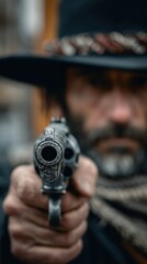 Obraz premium Homme pointant un pistolet vers la caméra dans un environnement sombre