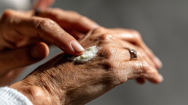 Application de cr&egrave;me hydratante sur les mains rid&eacute;es d'une personne &acirc;g&eacute;e