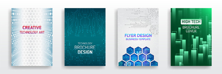 Set of modern technology brochure covers. Futuristic flyer templates with hexagons, circuits, and digital backgrounds in blue, green, and white colors for business or tech design.