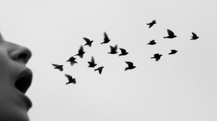 Murmuration of dreams, ethereal flight from open lips, soulful connection, World Migratory Bird Day whispers, poetic liberation