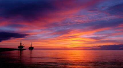 Silhouetted Cranes Against Fiery Sunset over Calm Waters at Dusk