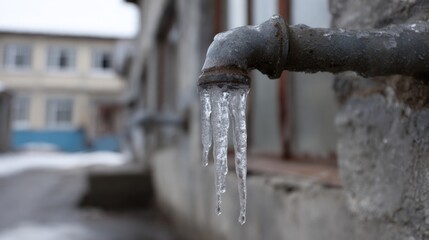 Frozen icicles dangle from rusty pipe, capturing winter's embrace, echoing Frost Day celebrations and ice carving traditions