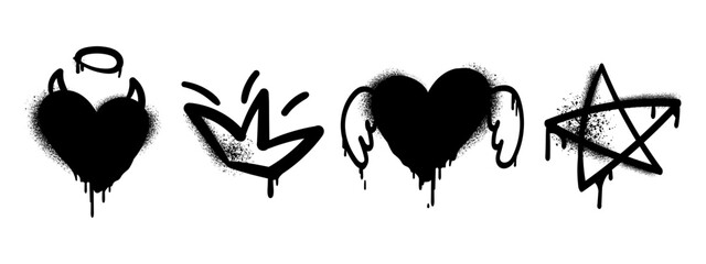 Graffiti Style Icons set with dripping hearts, crown, wings, devil horns, halo, and pentagram in spray paint stencil style for streetwear design, tattoo art, posters, covers, stickers, branding.Vector