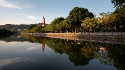 Serene pagoda reflection dances, whispering secret tales of Ancient Spring Festival and shadowy Mooncake melodies by tranquil riverside