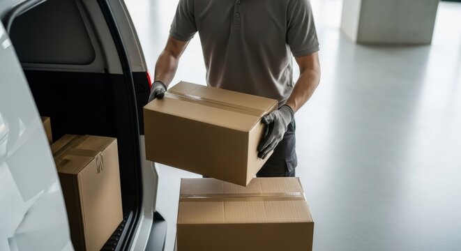 Man unloading cardboard boxes from a delivery van in a warehouse  