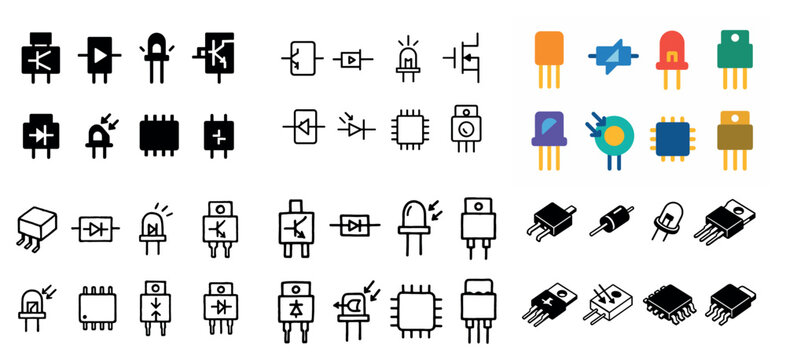 Electronic component icons collection in various styles
