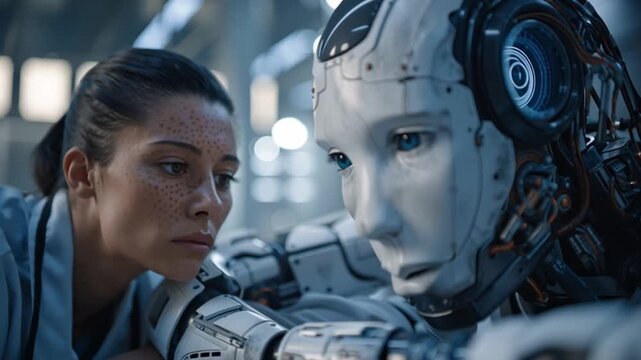 Human technician resting beside friendly robot after long shift, emotional realism in AI-powered factory, futuristic tone.