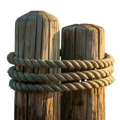 Weathered wooden mooring posts secured together with a thick nautical rope isolated on transparent background © MSTMAYA