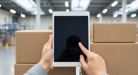Hands using tablet in warehouse with stacked cardboard boxes  