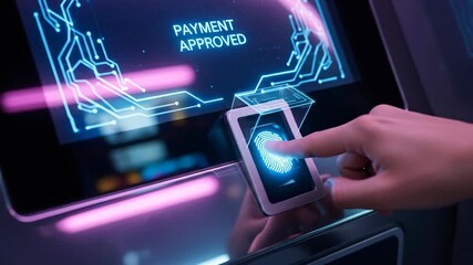 Woman’s finger touches scanning device for biometric payment approval. Digital transaction technology for secure retail checkout. Footage - Powered by Adobe