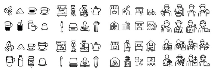 Coffee icons set featuring equipment and people