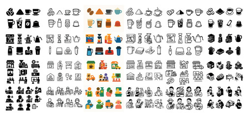 Coffee and cafes icon set in various styles
