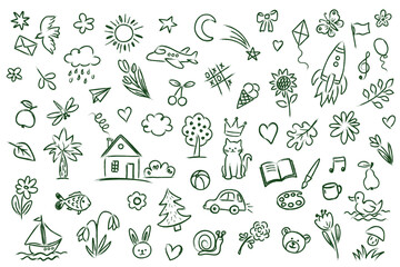 Set of sketches of kids' element icons. Baby drawing in black pencil on white background. Child's charcoal drawing style. Vector illustration, all objects isolated.