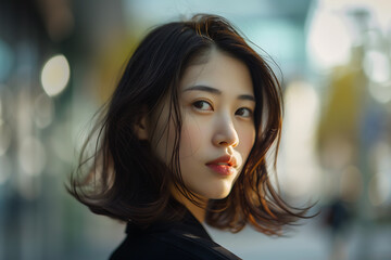 Obraz premium 街中で振り向く日本人女性のポートレート