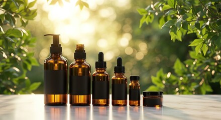 Natural skincare product line concept with amber glass bottles and jars for branding, displayed on a table outdoors in a sunlit garden