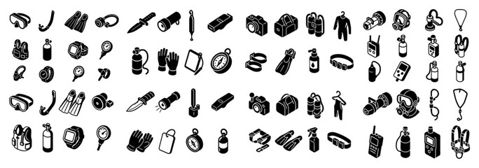 Diving gear icons collection in black and white
