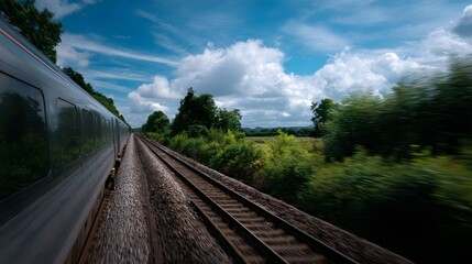 Fototapeta premium A modern train travels rapidly along tracks through lush green countryside under a bright blue sky with fluffy clouds capturing the essence of fast