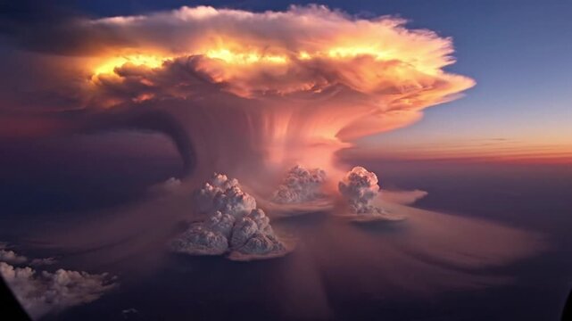 Dramatic Aerial View Of A Massive Thunderstorm Cloud At Sunset.