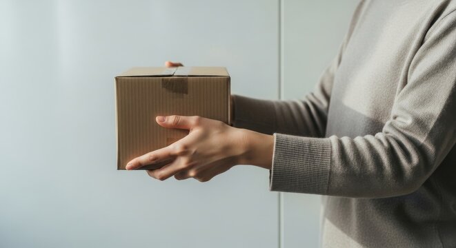 Woman handing a cardboard box against a neutral background  