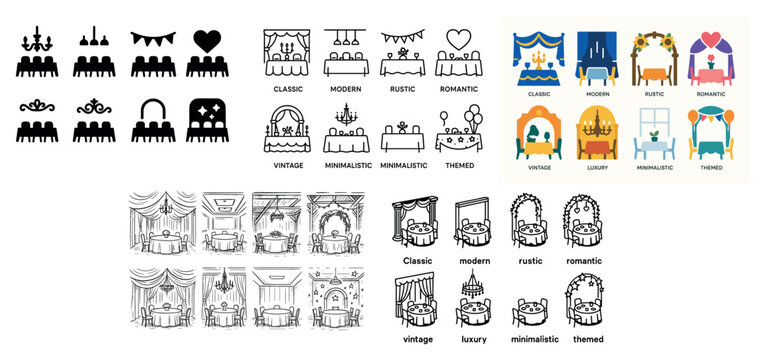 Various wedding table setup styles and decorations