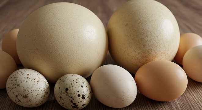 A Collection of Various Bird Eggs Including Ostrich Eggs on a Wooden Surface.