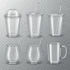 Create Transparent cup. Clear plastic mockup. Disposable coffee container. Empty soda drink glass with lid. Cocktail and milkshake tableware. Tableware mug. Vector realistic mock up objects set