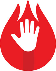 Hand emerging from a red blood drop on a white background