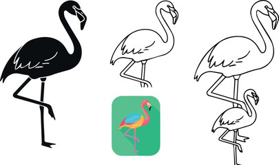 WebFlamingo Icon Styles. Vector icon flamingo standing same pose same proportions four styles black solid glyph outline minimal flat multicolor filled cartoon.