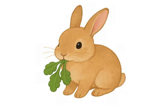 Cute bunny rabbit eating green leaves, adorable animal watercolor illustration on transparent background