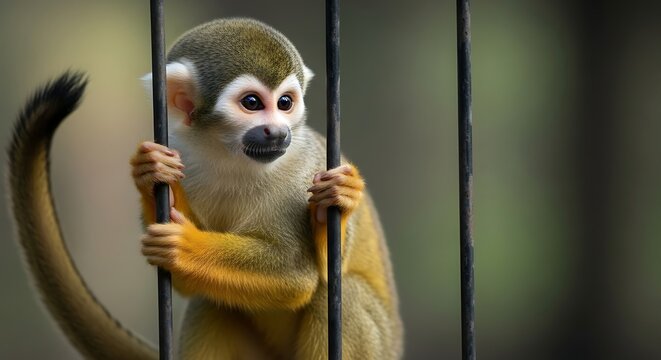 A small squirrel monkey with expressive eyes grips the bars of its enclosure.
