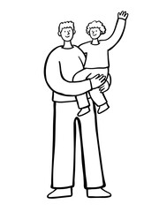 Father Holding Child Waving. Black and White Line Art.