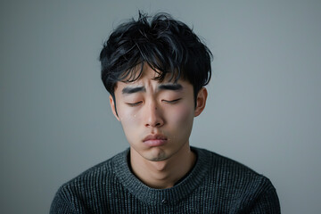 Obraz premium 悲しみに沈む若い日本人男性のポートレート