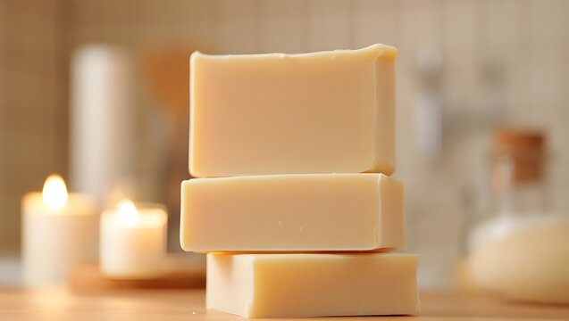 Stack of handmade soaps with candles creating a relaxing spa atmosphere for self care routine