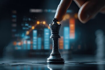 Hand moves a chess king on a board with blurred financial data graphs in background