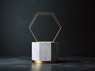 White marble hexagonal pedestal with golden base and frames on a dark background