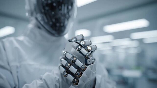 Technician holding robot hand in trust gesture inside futuristic lab, emotional connection between man and machine, cinematic tone.